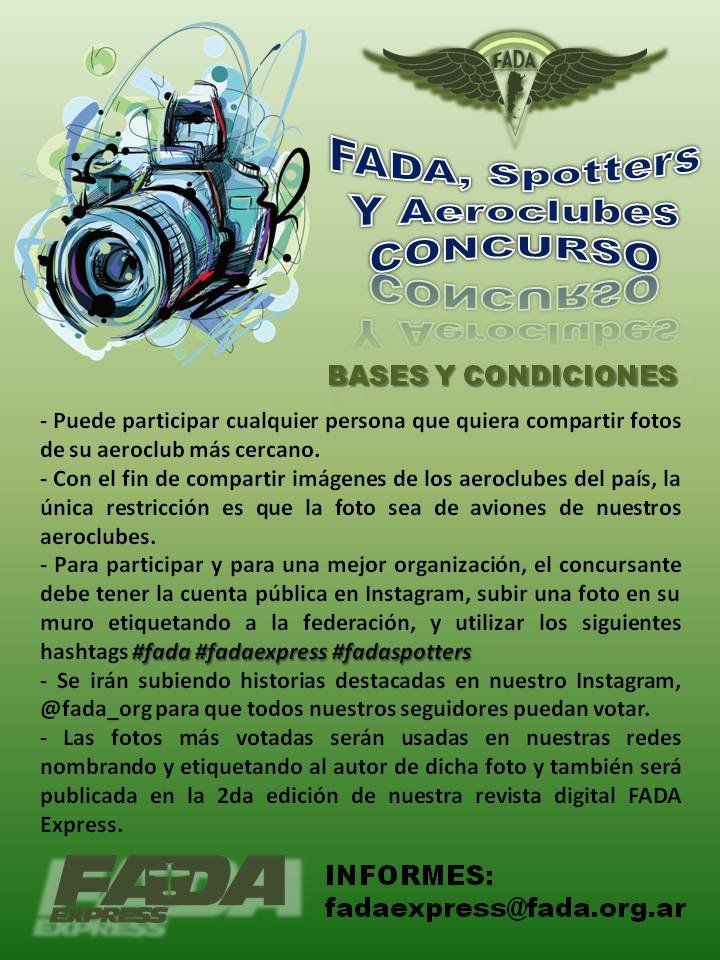 ¿Te gustaría que una de tus fotos de tu aeroclub sea la portada de nuestras redes durante un mes?
 vas a tener la oportunidad de deleitarnos con grandes imágenes del aeroclub más cercano ¿quieres participar y compartir esas imágenes? ✈📸 
#fada #fadaexpress #fadaspotters