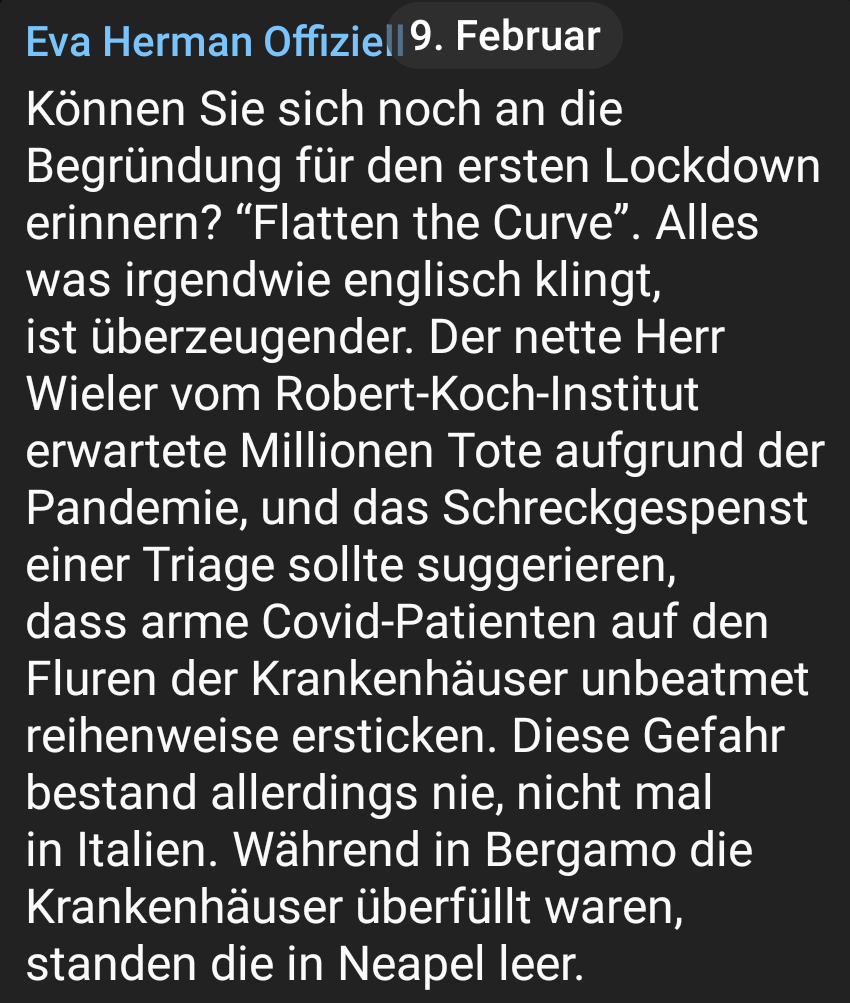 wahnheit's tweet photo. Ja klar #EvaHerrmann, wenn in Bergamo die Krankenhäuser überfüllt sind, kann man Patienten ja schnell mal nach Neapel bringen, sind nur ~800km.🤦🏼♂️Nach ihrer Logik würden keine Menschen mehr verhungern, weil es ja genügend zu Essen gibt.
Eva ist ein trauriger Fall von Intelligenz. https://t.co/FJ8VjdgBJ6