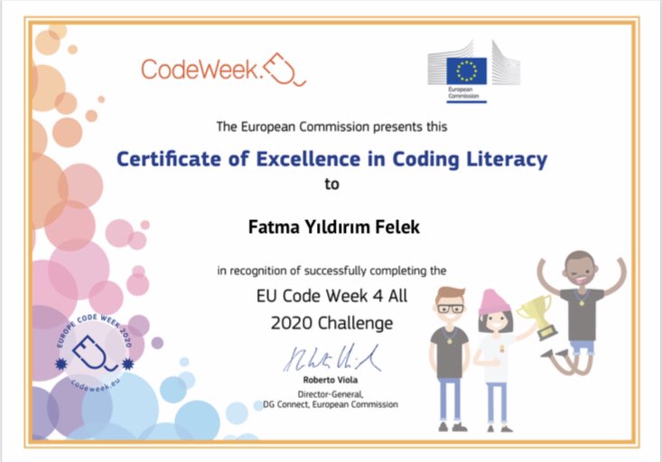 FatmaY010610's tweet photo. eTwinning projeleri kapsamında düzenlediğimiz codeweek etkinliklerimiz ile mükemmellik sertifikasını aldık 😊 #eTwinning #etwinniggaziantep #CodeWeek #codeweek4all #codeweek4all #CodeWeek2020 https://t.co/iGzK0cfVZE