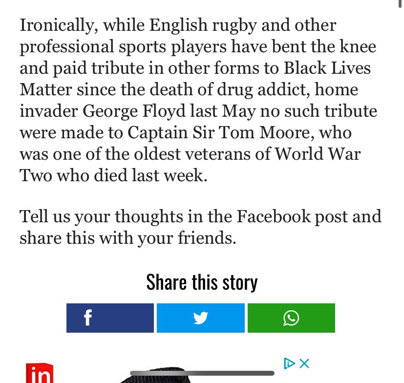meganmc__'s tweet photo. The Liberal are hardly a reputable news source but shocked to see their writers stoop to this level of blatant racism comparing the deaths of George Floyd and Tom Moore https://t.co/ZeLl9hErbZ