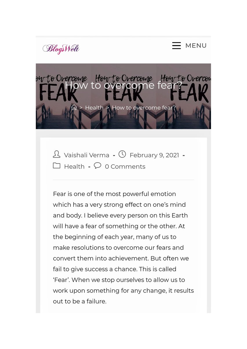 BlogsWelt_'s tweet photo. Here come new Guest Post 
On "How to Overcome Fear"
By @V29Vaishali
https://t.co/vyO6ySbxnG
Must Read this article to know how to overcome from fear.
@AhhadNadaf @_Mujju_
#fear #overcome #emotions #blogs #bloglife #blog #contentcreator #blogswelt https://t.co/P7DSUOa79P