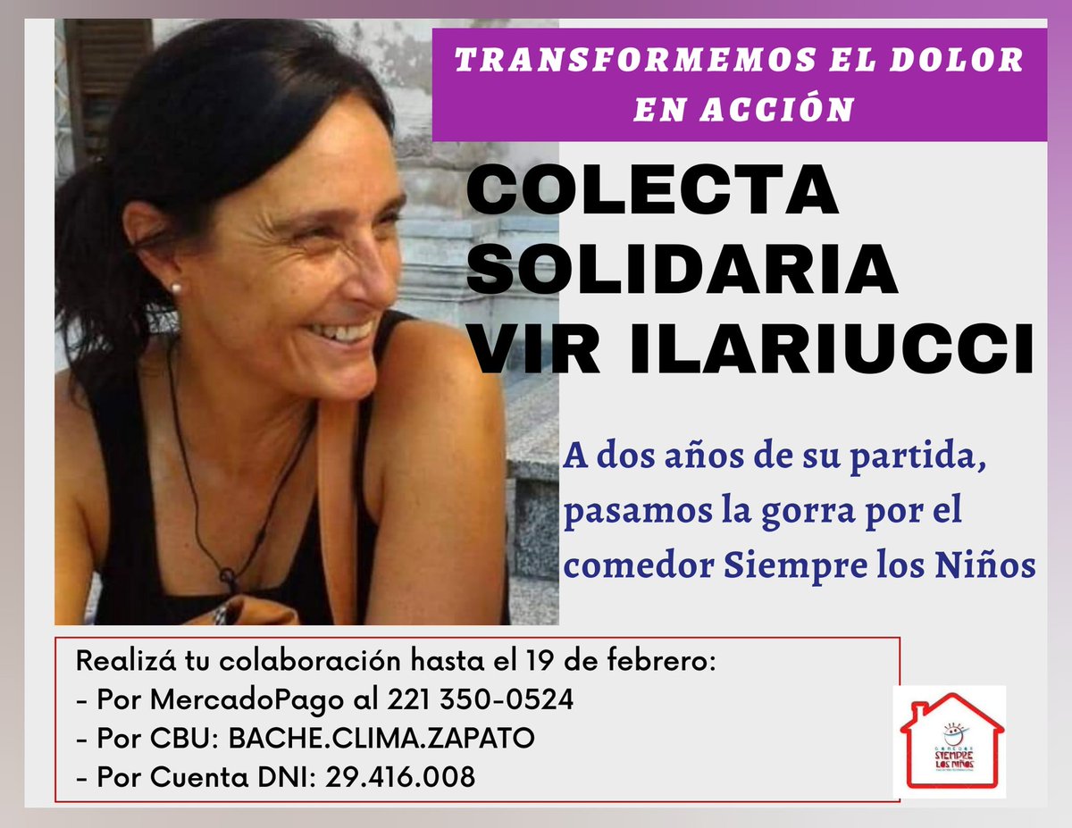 ElTecladoOK's tweet photo. Colecta solidaria Vir Ilariucci

A dos años de su partida, pasamos la gorra por el comedor Siempre Los Niños 

Realizá tu colaboración hasta el 19 de febrero:
- Por MercadoPago al 221 350-0524
- Por CBU: BACHE.CLIMA.ZAPATO 
- Por Cuenta DNI: 29.416.008 https://t.co/NkhrjfJncU