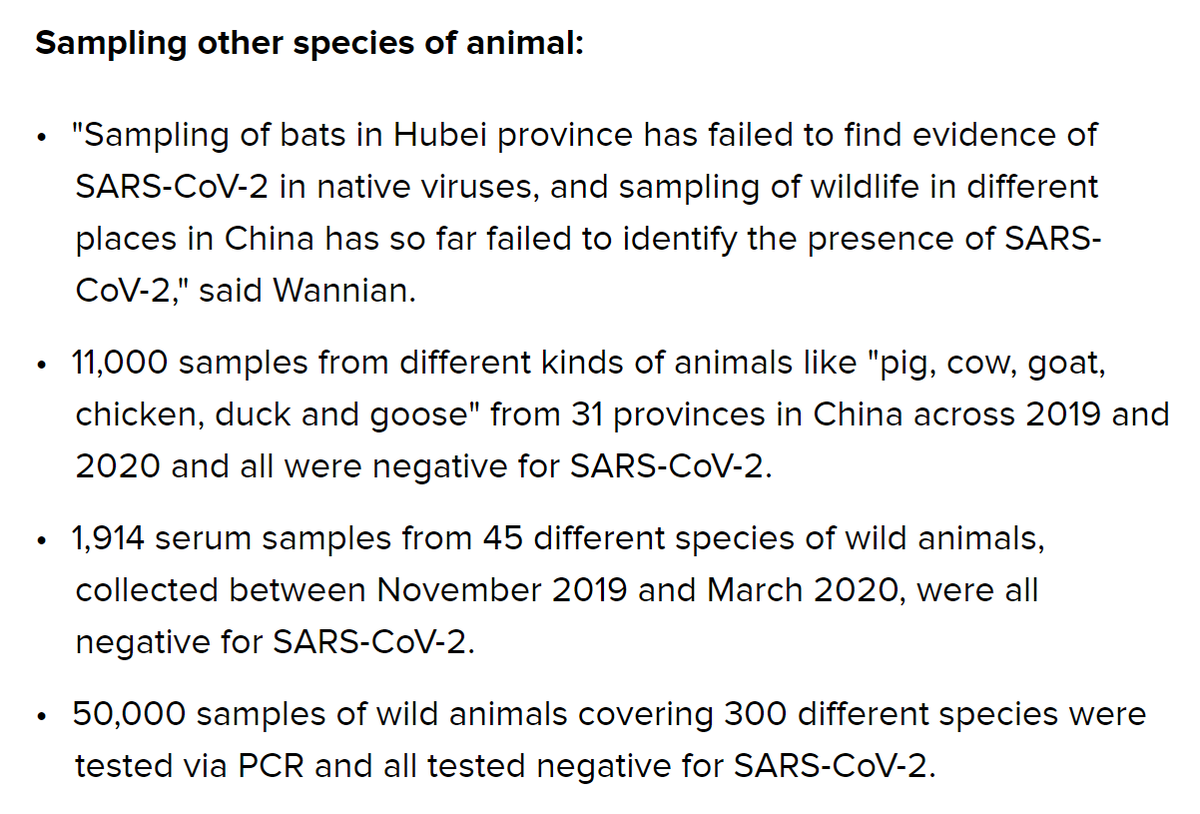  @dctrjack good summation of key announcements at the  @WHO  #originsofcovid press release:Tens of thousands of animal samples in China all tested negative for the virus, so where's the evidence pointing to intermediate host? https://www.cnet.com/news/who-investigation-into-covid-19-says-lab-origin-extremely-unlikely/