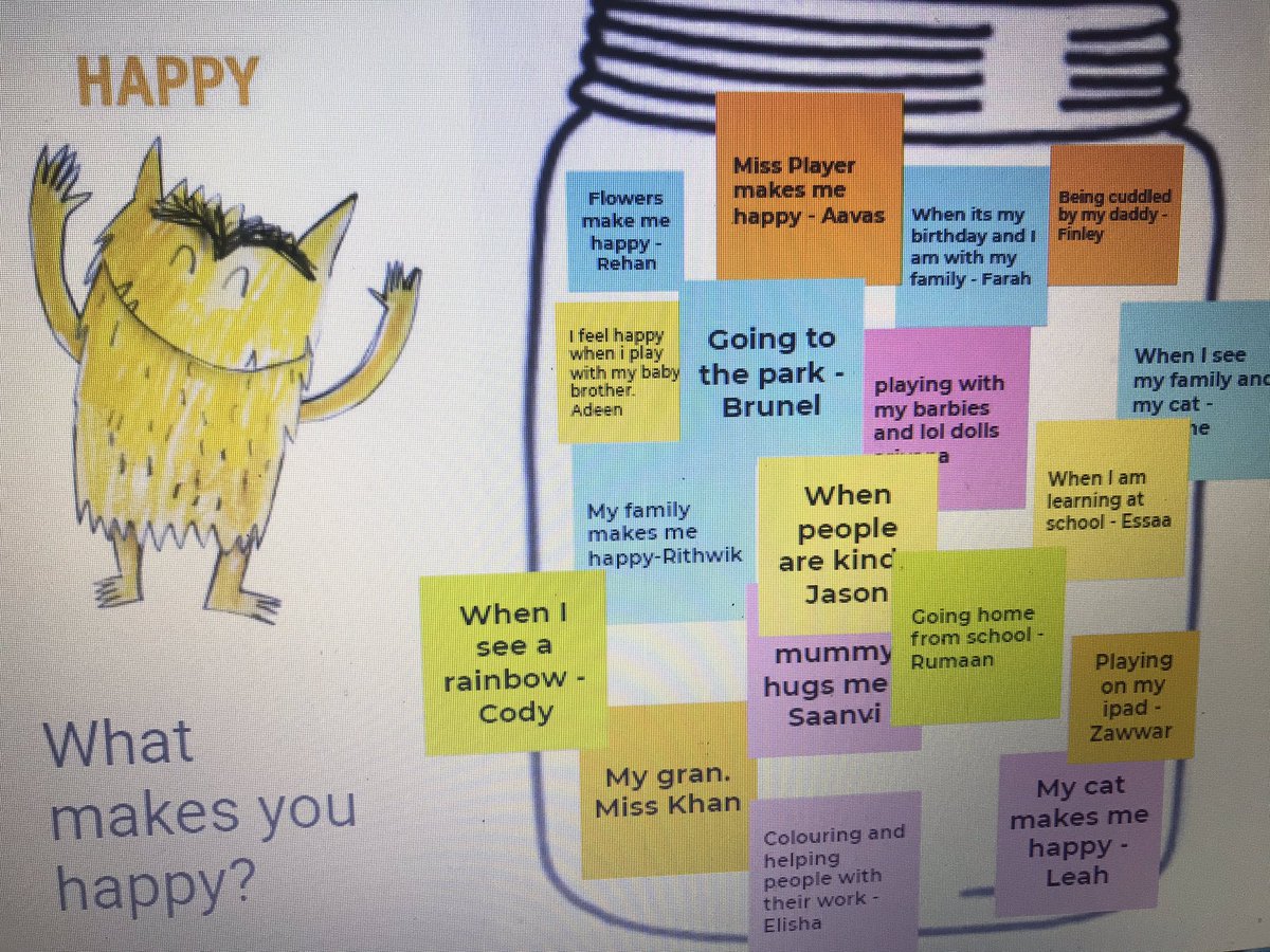 MissKhanLHS's tweet photo. Year One have been looking at the story ‘The Colour Monster’ and answering the question ‘What makes you happy?’ Our happy jar is full of wonderful thoughts and ideas. 🥰💛@PSTLHS @LHS_Watford https://t.co/eVza6KQiRY