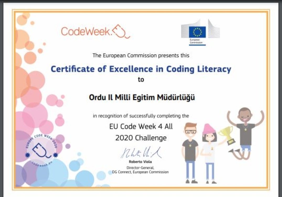 OrduARGE's tweet image. Müdürlüğümüz adına organize ettigimiz #CodeWeekEu2020 Avrupa Kod Haftası kodlama etkinligi sonucunda katilim sağlayan okullarımız ile birlikte Mükemmellik Sertifikasını kazandık.
#codeweek2020
@ziyaselcuk @adnanboyaci @mfatihdoger @mfvargeloglu @GozudikMusa @CodeWeekEU