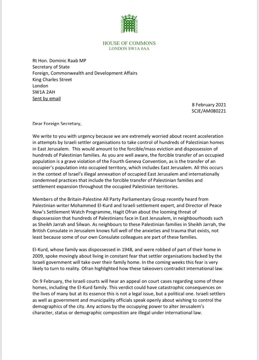 (3/4) 81 Members of Parliament have called on the foreign secretary to put pressure on Israel to stop the eviction of Palestinian families from their homes. These evictions make the possibility of peace even harder to achieve, whilst simultaneously creating a humanitarian crisis.