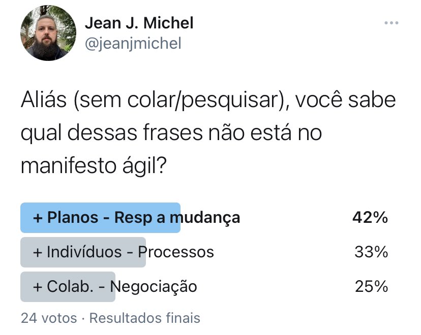 jeanjmichel's tweet image. Boaaaa pessoal!

A frase errada é justamente essa, o correto é termos mais resposta a mudanças do que planos fixos! 

#agile #agileTip #manifest