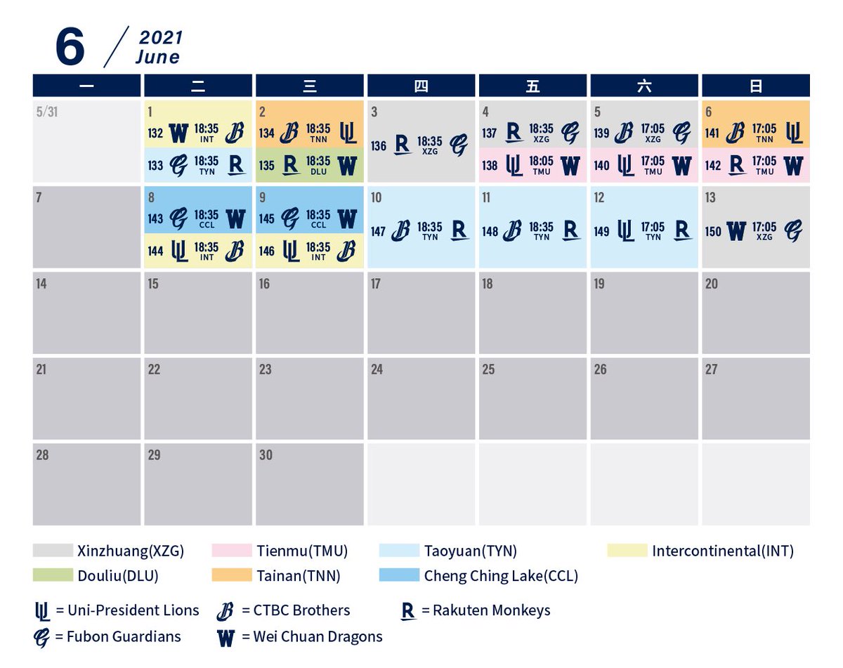 CPBL's tweet photo. IT'S THAT TIME OF THE YEAR!!
Here is the 1st-half regular-season schedule of the 2021 season!! Each team will play 60 games in the first half.
Due to the #TokyoOlympics and its qualifier, we will not release the 2nd-half schedule until further notice.
#CPBL #UnitedForBaseball https://t.co/icZUVBVjPX