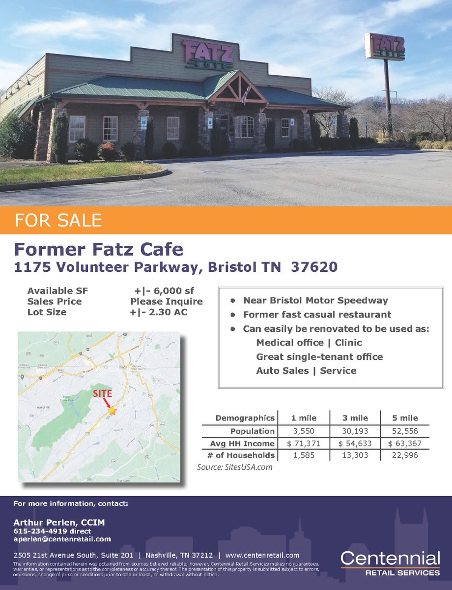 FOR SALE - NEW LISTING
1175 Volunteer Parkway, Bristol TN  

Near Bristol Motor Speedway. Space was formerly fast casual restaurant and could easily be renovated.

Contact Arthur Perlen, CCIM at aperlen@centenretail.com 

#CRE #officespace #parking #commercialrealestate #brokers https://t.co/SH9ACu0Dil