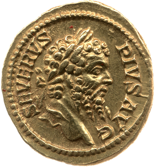 The Obverse of this coin shows a laureate head of Septimius Severus, with the simple Legend SEVERVS PIVS AVG.