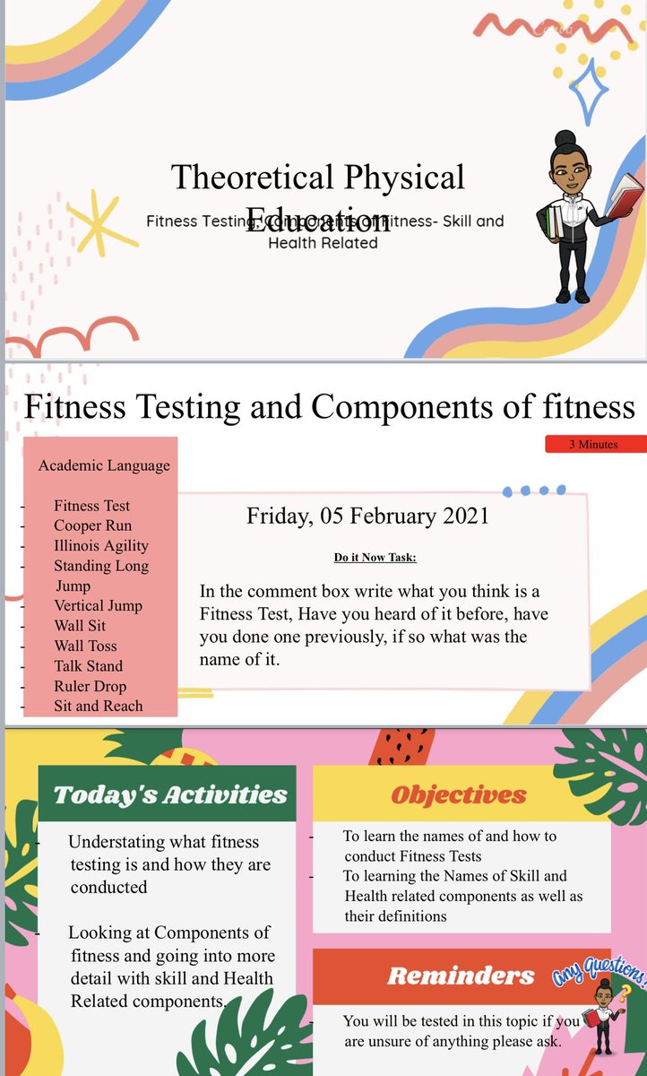 Had fun creating this PowerPoint, loved using <a href="/canva/">Canva</a> their designs are amazing! Making it more fun! #FitnessTesting #Components #OnlineLearning #PE #PhysEd #edutwitter #PhysicalEducation #TheoryPe