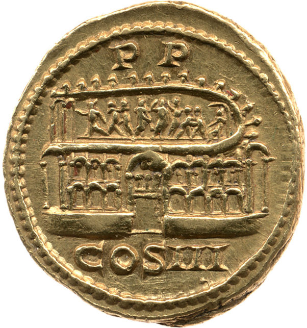 But the Reverse, with its Legend of COS III P P – ‘Consul for the third time, Father of the Fatherland’, shows the Stadium of Domitian with its 192m long track designed for ‘Greek Games’, with an intriguing group of nine figures perhaps representing competitors.