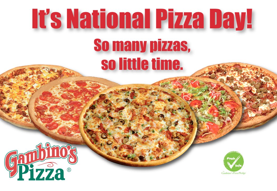 GambinosPizza's tweet photo. It's time to celebrate the tastiest day of the year! Come and get your favorite pizza from your favorite pizza restaurant!

How many slices do you think the average American eats every year? Answer in the comments below (we'll share the answer tomorrow). https://t.co/Fl1mCp11HY