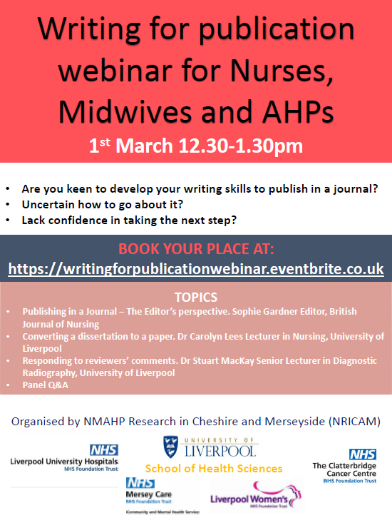 cahprc_m's tweet photo. WEBINAR:

Writing For Publication For Nurses, Midwives and AHPs:

https://t.co/muP8gkZuwE https://t.co/WNt5aQ5mu5