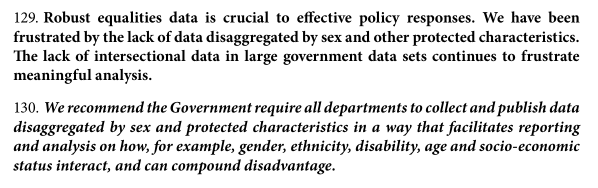 Today's report by  @Commonswomequ on the economic impact of Covid-19 on women makes the following recommendation about the need to collect sex-disaggregated data:  https://publications.parliament.uk/pa/cm5801/cmselect/cmwomeq/385/385.pdf