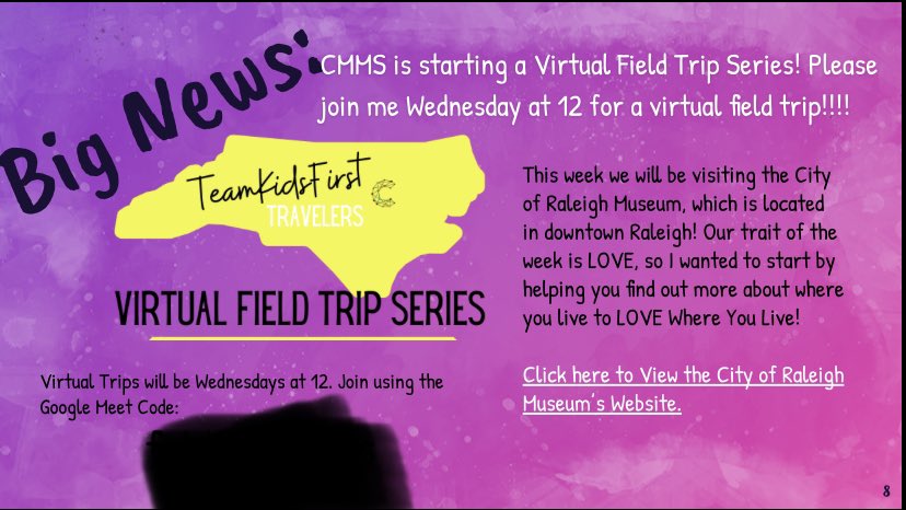 🚌🚌ICYMI: Tomorrow at 12 we’ll explore <a href="/CORMuseumFriend/">Friends of City of Raleigh Museum</a> on our first <a href="/CMMSCougars/">Carroll LT Magnet</a> virtual field trip! Find the meet code on this slide in your My Learning lesson. #WeAreCarroll #VirtualFieldTrip #TeamKidsFirst