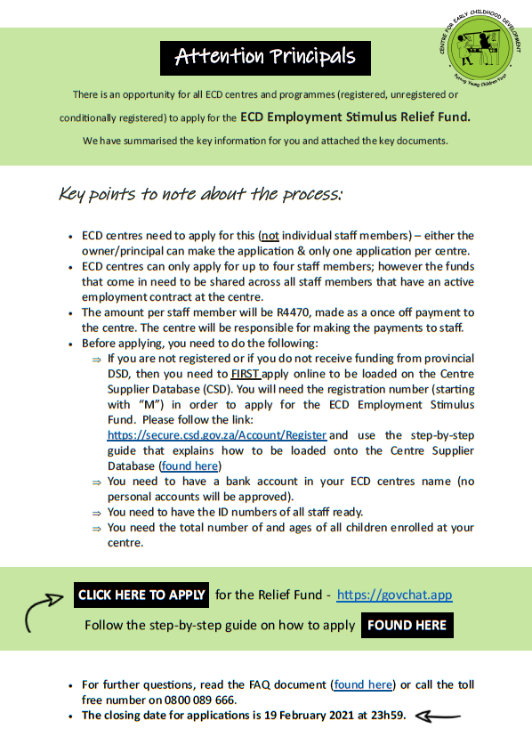 CECD_online's tweet photo. 𝗔𝘁𝘁𝗲𝗻𝘁𝗶𝗼𝗻 𝗣𝗿𝗶𝗻𝗰𝗶𝗽𝗮𝗹𝘀! We have put together a summary for you explaining how to apply for the ECD Employment Stimulus Relief Fund. We have included links to all the documents& websites you need for this process. https://t.co/w9RI53w8bB #ECD #SaveOurECDWorkforce https://t.co/JnDEtWI7Cw
