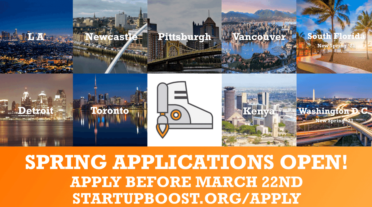 genemurphy's tweet photo. We're Back! Applications open until March 22nd for our Spring 2021 #PreAccelerators!

Programs are taking place in Detroit, Kenya, LA, Newcastle, Pittsburgh, Toronto, &amp; Vancouver and are launching in South Florida &amp; Washington DC.

Apply at https://t.co/hOjCEZh5D9 

#StartupBoost https://t.co/gYoqTKPJei