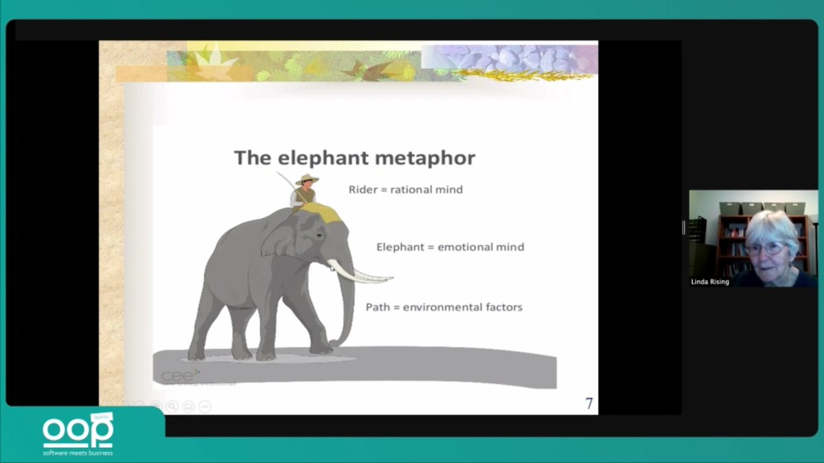 oop_conference's tweet image. In this moment @RisingLinda gives her keynote at #OOP and explains why it is helpful to know how to talk to an elephant. You can find out the deeper meaning behind it at #OOP2021.