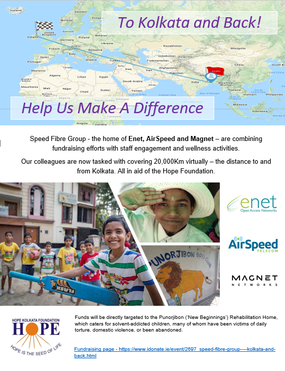 FibreGroup's tweet photo. Speed Fibre Group - the home of Enet, AirSpeed and Magnet - are covering 20,000Km virtually, all in aid of the amazing Hope Foundation.

Our #fundraising page is here - https://t.co/tHqsVZRC5l

All donations, for this very worthy cause, are very much appreciated.

#charity #CSR https://t.co/4CPffxEU1Q