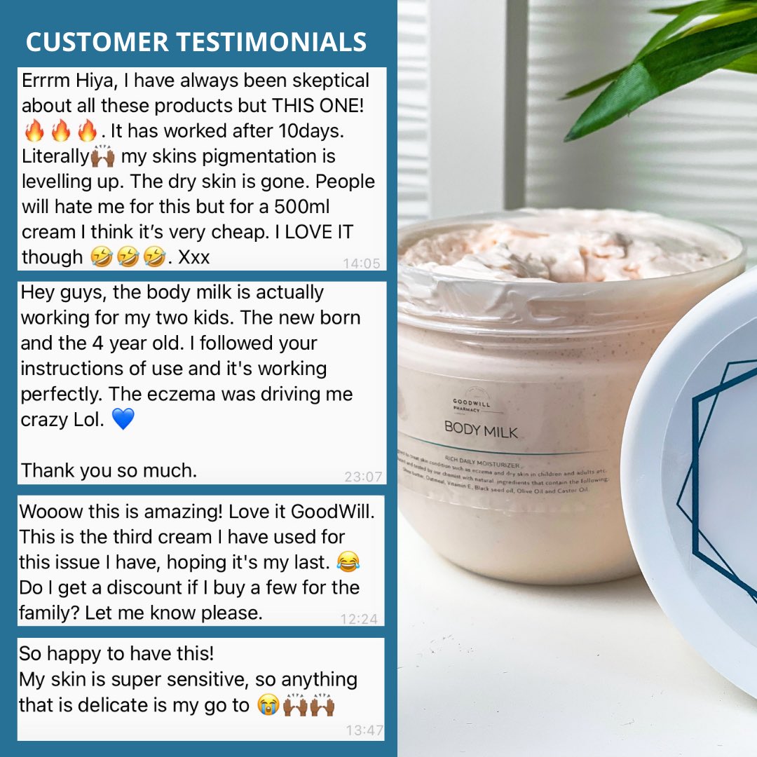 Goodwill_UK's tweet photo. A customers feedback, she appreciates our natural Body Milk 📌
Enriched Body milk for skin Conditions.
#GoodWillBodyMilk #GoodWillBodyCream #GoodWillUK #GoodWillPharmacy #DrySkin #Eczema #Hyperpigmentation #StretchMarks #skincareproducts #vegan #naturalproduct #skincare https://t.co/sNZ9wnNBlG