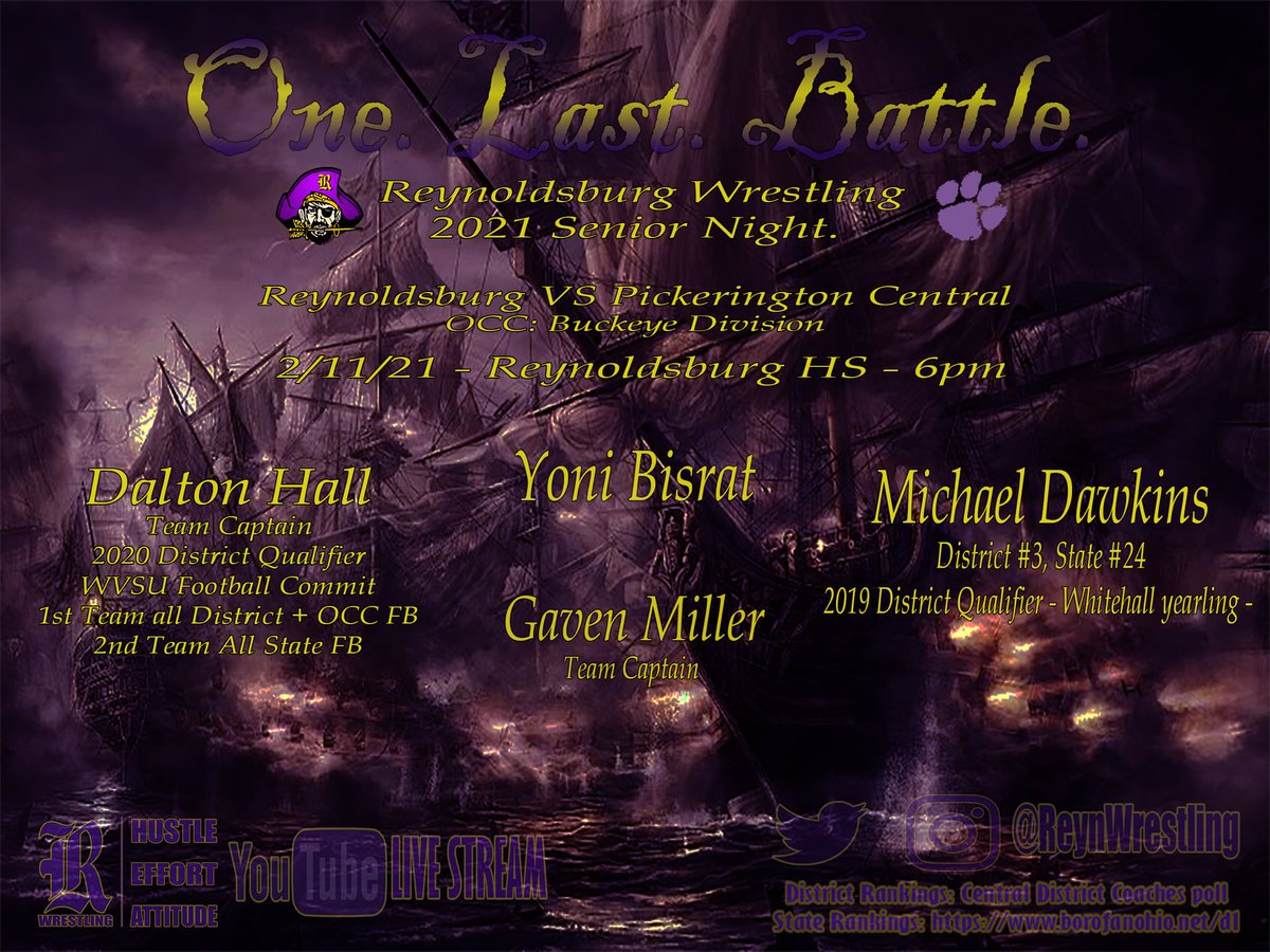 ReynWrestling's tweet photo. Snow days are great - but Thursday 2/11 is where itโs really at!
#ONELASTBATTLE at home for Dalton Hall, Yoni Bisrat, Gaven Miller, and Michael Dawkins!
Live stream via our YouTube Channel! Donโt miss it!
#ReynProud https://t.co/O8O5EIuT1q