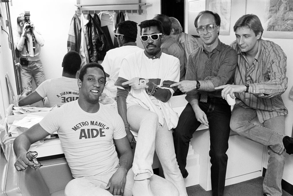 barneyhurley1's tweet photo. The Late Night with David Letterman Band backstage at 30 Rockefeller Plaza, NYC, 1984 (Hiram Bullock, Steve Jordan, Paul Shaffer and Will Lee) https://t.co/CxVYE98Zsz