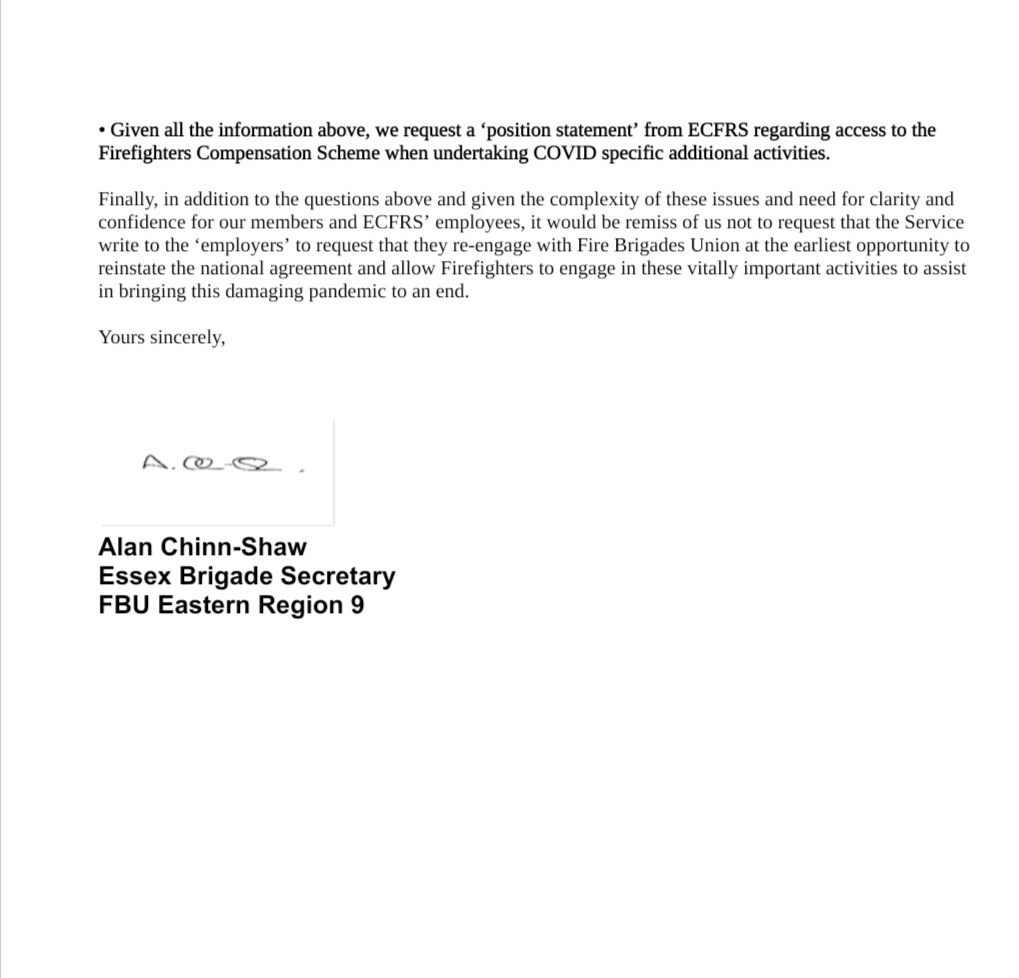 Essex FBU secretary @Chinny1968 has written to Jo Turton raising members concerns around engaging in additional activities whilst volunteering during the pandemic 🚒🚨