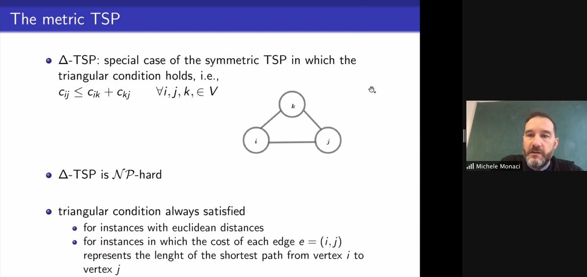 AIROyoung's tweet image. And we are back to #ApproximationAlgorithms for @mmonaci74's second lecture on #TSP, #ChristofidesAlgorithm and more
#AIROPhDSchool2021 #orms