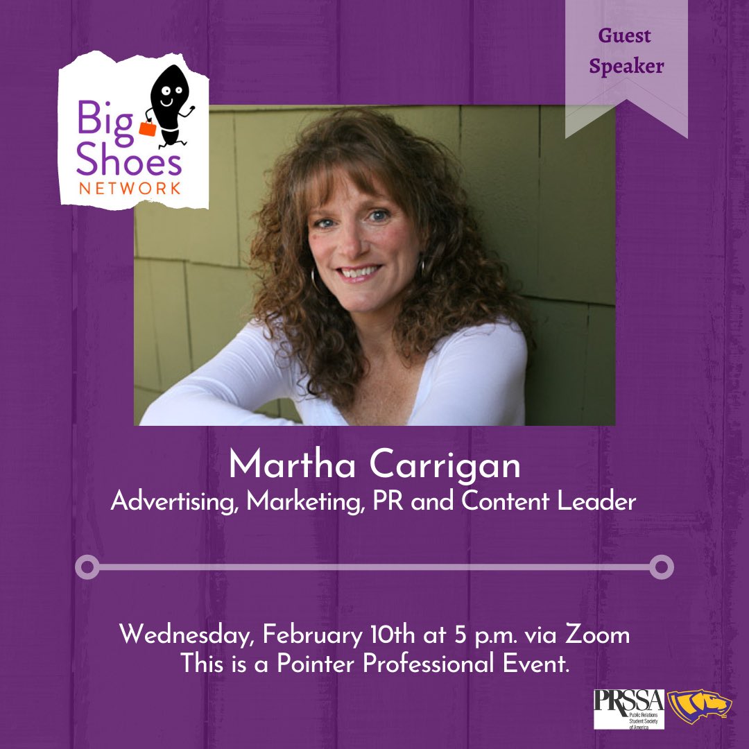 ✨MEETING THIS WEEK✨
Tomorrow we welcome Martha Carrigan from Big Shoes Network to talk to us about LinkedIn and personal branding! 
This is a Pointer Professional event. 
Meeting URL: uwsp.zoom.us/j/96647633168?…
Passcode: uwspprssa
See you tomorrow!
#prssa #pointersprssa #uwsp