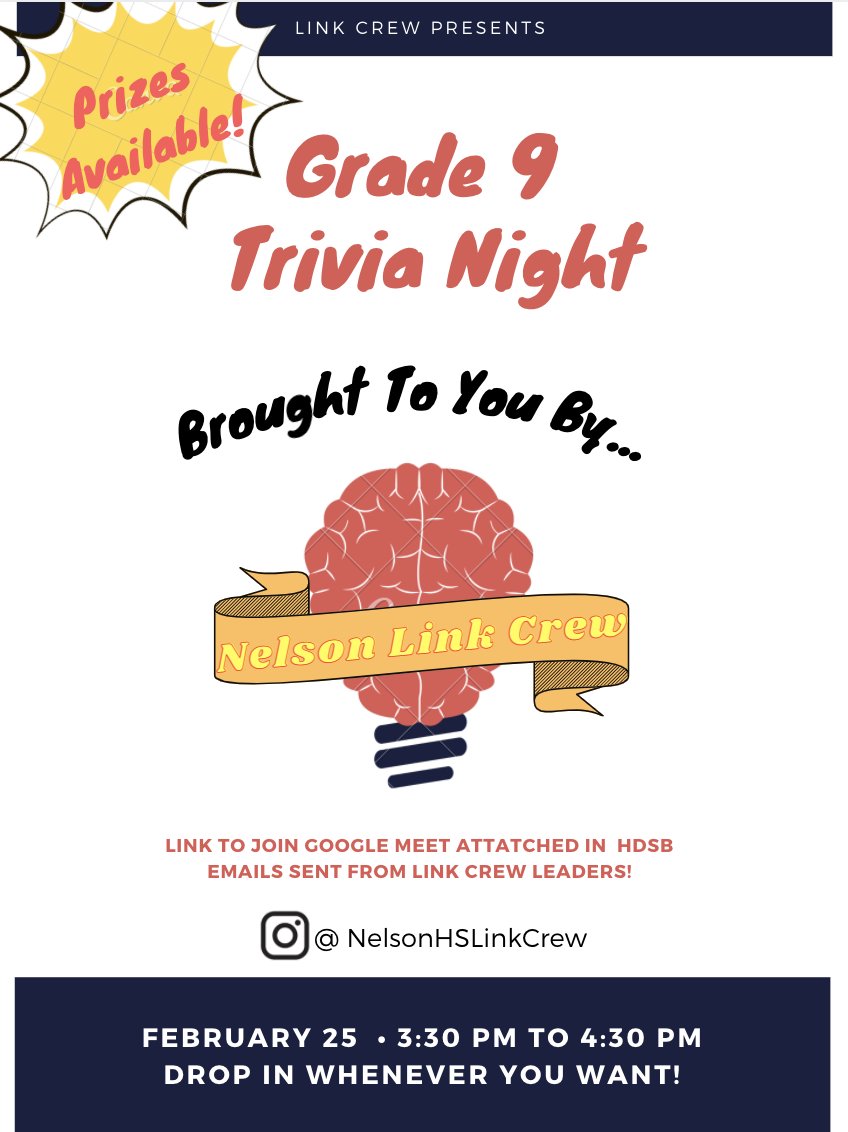 <a href="/nelsonhdsb/">Nelson High School</a> <a href="/DaignaultMr/">Mr Paul Daignault</a> <a href="/Sampsonmr/">mr sampson</a> <a href="/MargoShuttle/">Margo Shuttleworth</a>  Grade 9 Trivia Night Feb. 25 from 3;30 to 4:30pm - @NelsonHSLinkcrew - Join Us!
