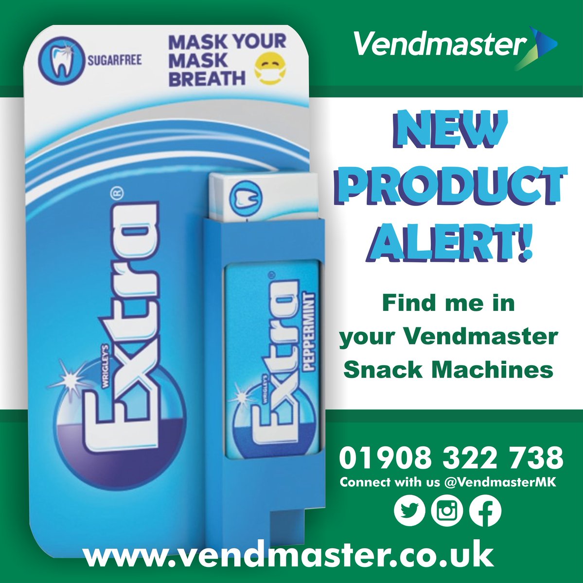 VendmasterMK's tweet photo. New Product Alert!
@MarsGlobal #WrigleysExtra now in a vending friendly pack!
Find your local @VendmasterMK snack machine to mask your mask breath!
#Vending #MiltonKeynes https://t.co/tn2tAHMWZn