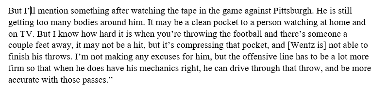 But  @JawsCEOQB also had this to say, which I thought was interesting. And remember, this was following the Steelers game. So this was before the offensive line really took a dive. But the comment on perceived pressure, and it's potential impact on a QB, is interesting. /5