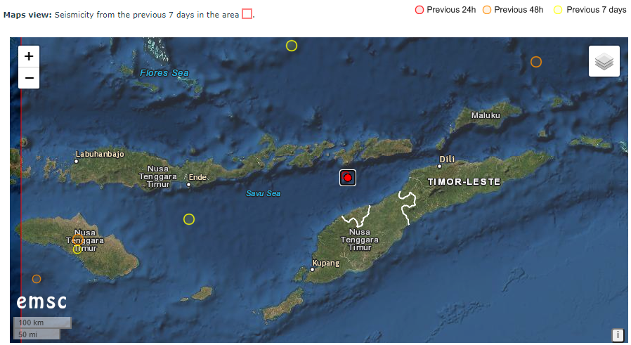 InfoEarthquakes's tweet photo. An #earthquake (#gempa) happened near #SavuSea, #Indonesia at 2:32PM on 09/02/2021 UTC. The earthquake had a magnitude of M3.3 and it was 20km (12.4 miles) deep in the ground. Stay safe! #sismo #quake
Site I used: https://t.co/rjhQgpF9fz
All pictures are from EMSC. https://t.co/eKuW2pCof3