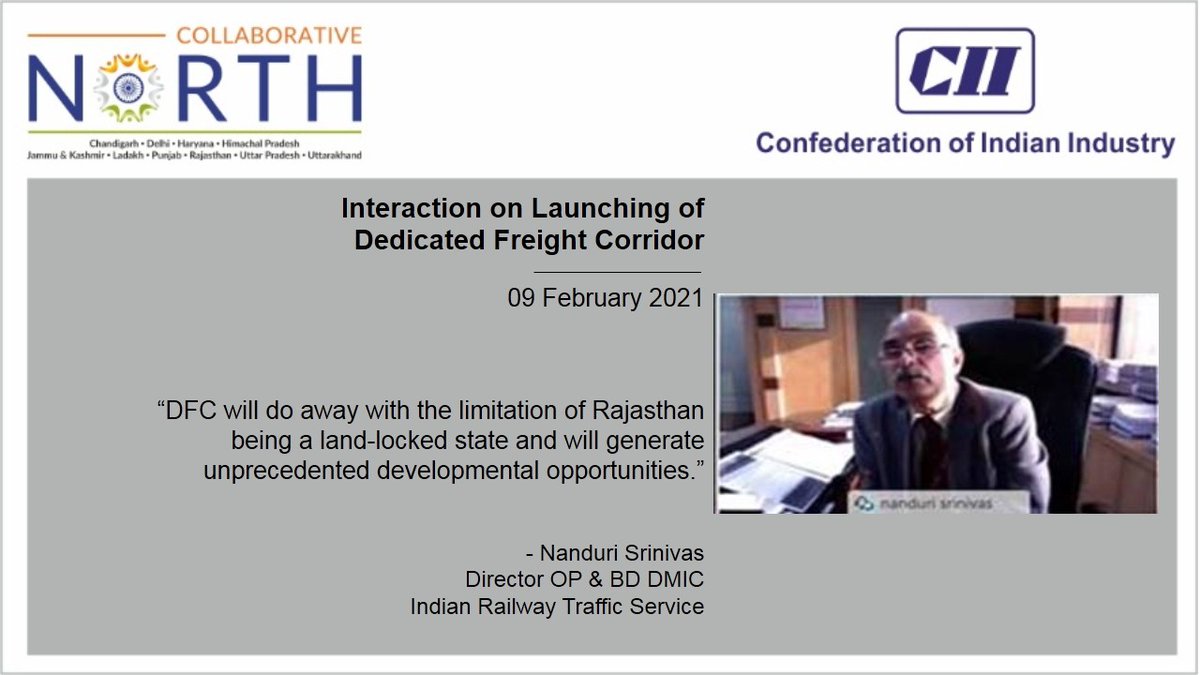 DFC will do away w/ the limitation of Raj being a land-locked state&amp;will generate unprecedented developmental opportunit's.~Nanduri Srinivas, Dir OP &amp;BD DMIC, <a href="/IRTSassociation/">IRTS Association</a>, GoI at the Interaction on Launching of #DedicatedFreightCorridor org by <a href="/riicolimited/">RIICO</a> &amp;CII Raj.
#CII4NR