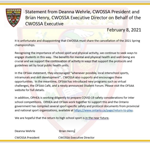 CWOSSA Statement: February 9, 2021