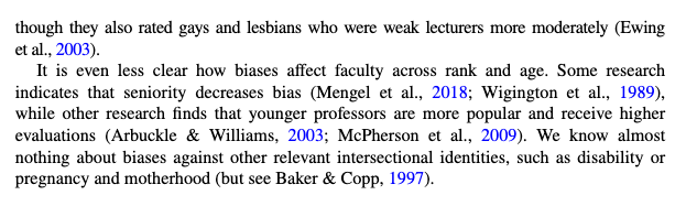 We go in to detail about evidence for equity bias. Bc this is the bulk of the online discussion of SETs, I want to share with twitter some of the nuance. Equity bias is more prominent in some disciplines; students evaluate profs through a gender lens, evidence of affinity effect.