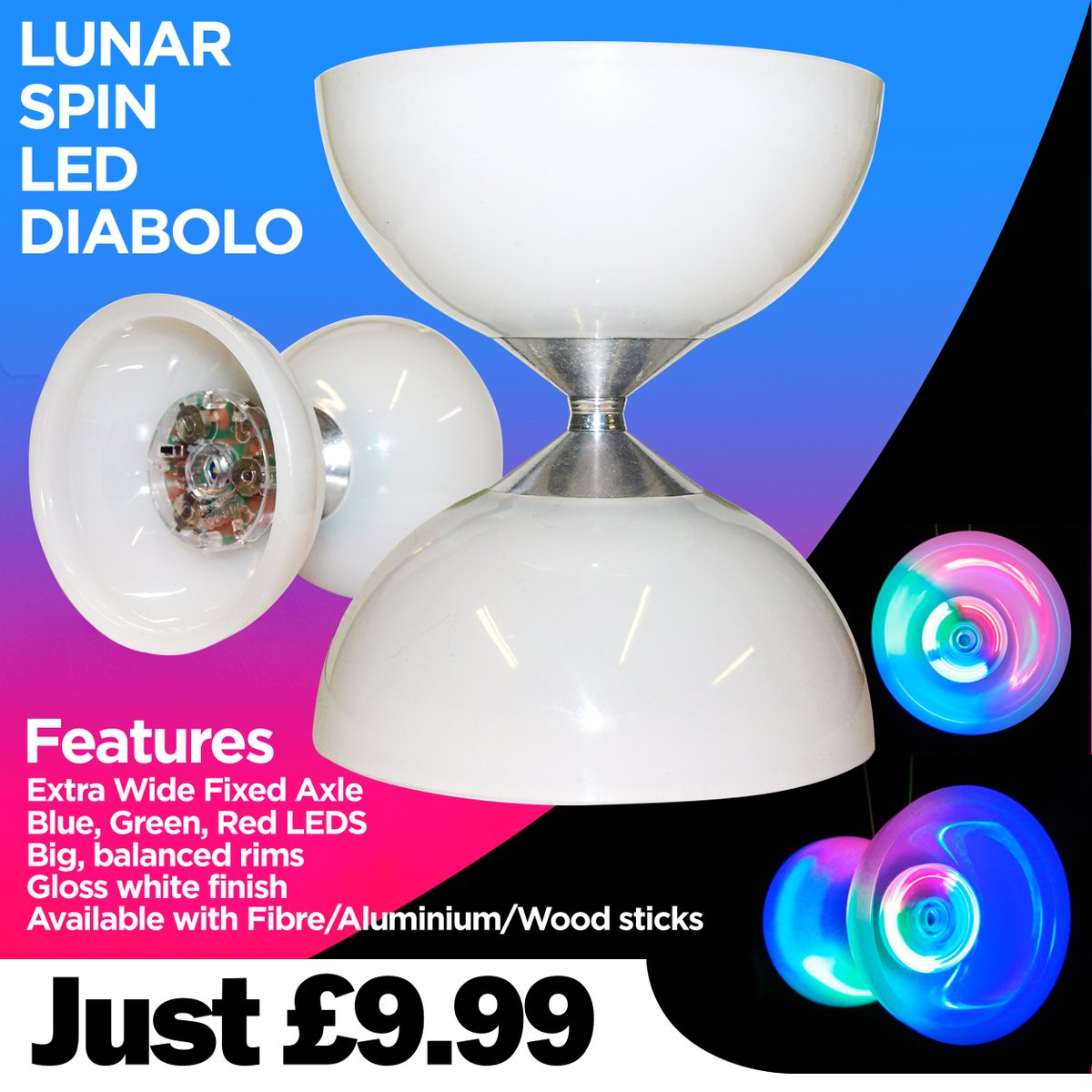 Flames_N_Games's tweet photo. Grab youself a Lunar Spin Diabolo from us and make those dark nights a tad more spectacular! Featuring a gloss white finish and RGB led kits on each end, this is the perfect present for the person you love. Purchase yours now from: https://t.co/dDQ9U4FP2n https://t.co/QGhjgvNDJD