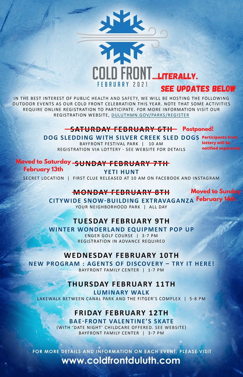 visitduluth's tweet photo. The Cold Front Festival, our annual celebration of winter organized by @DuluthParksMN, has been postponed due to a...cold front.🥶The good news - the festival has been shifted not canceled! Check the updates below: https://t.co/zY0ZB7Fedw
