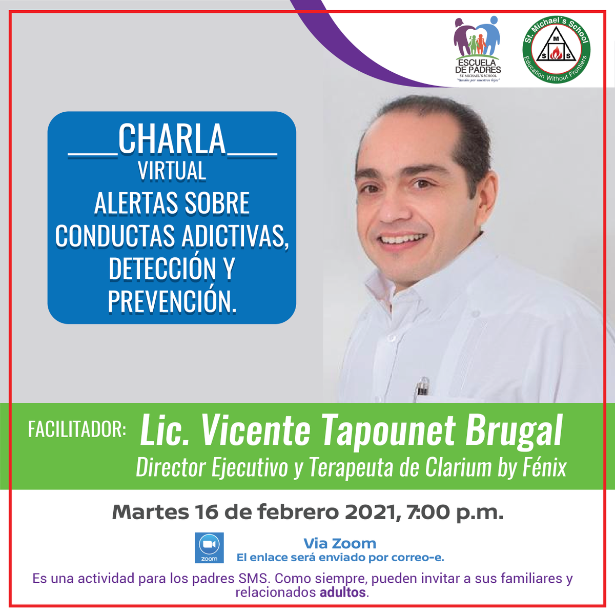 sms_dolphins's tweet photo. Only one week left for the next “SMS Escuela de Padres” virtual conference: “Alertas sobre conductas adictivas, detección y prevención.”Zoom access information will be sent via email. #SMSNews #SMSEscuelaDePadres #OnlineLearning https://t.co/hr2Cj0BfJe
