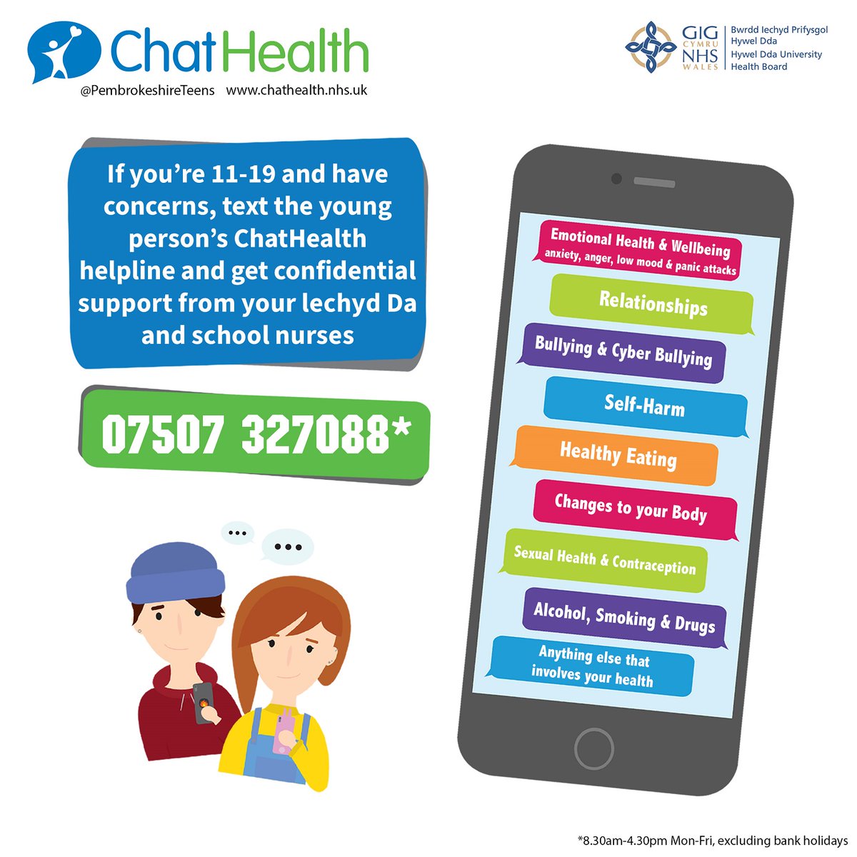 HywelDdaHB's tweet photo. Our Youth Liaison Team, in collaboration with school nursing teams, have launched a text-based service supporting 11-19 year olds in 3 counties. Confidential support for emotional health, wellbeing, relationships, self-harm, bullying &amp; more @ChatHealthNHS https://t.co/Y4qwFEz2UN https://t.co/OOJLMne32B