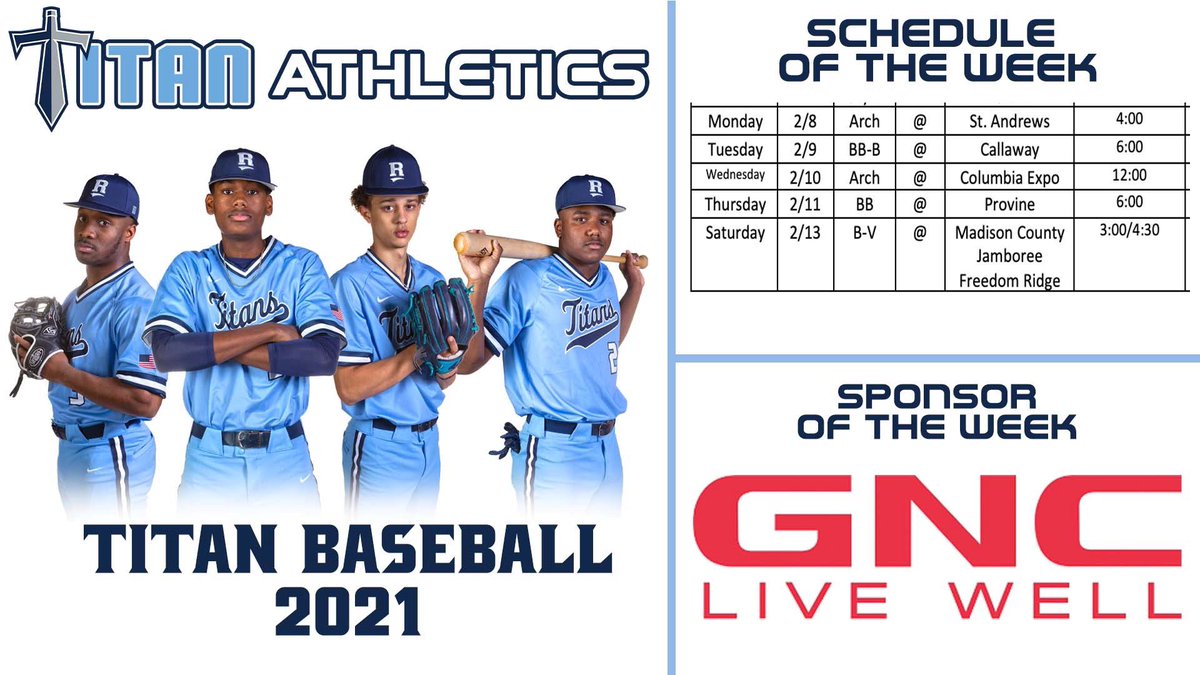 Plan of the week for our Titans! The basketball district tournament starts on Tuesday, archery is in action, and baseball will get rolling on Saturday!  Thanks to GNC for supporting our athletic programs this year! #TitanUp