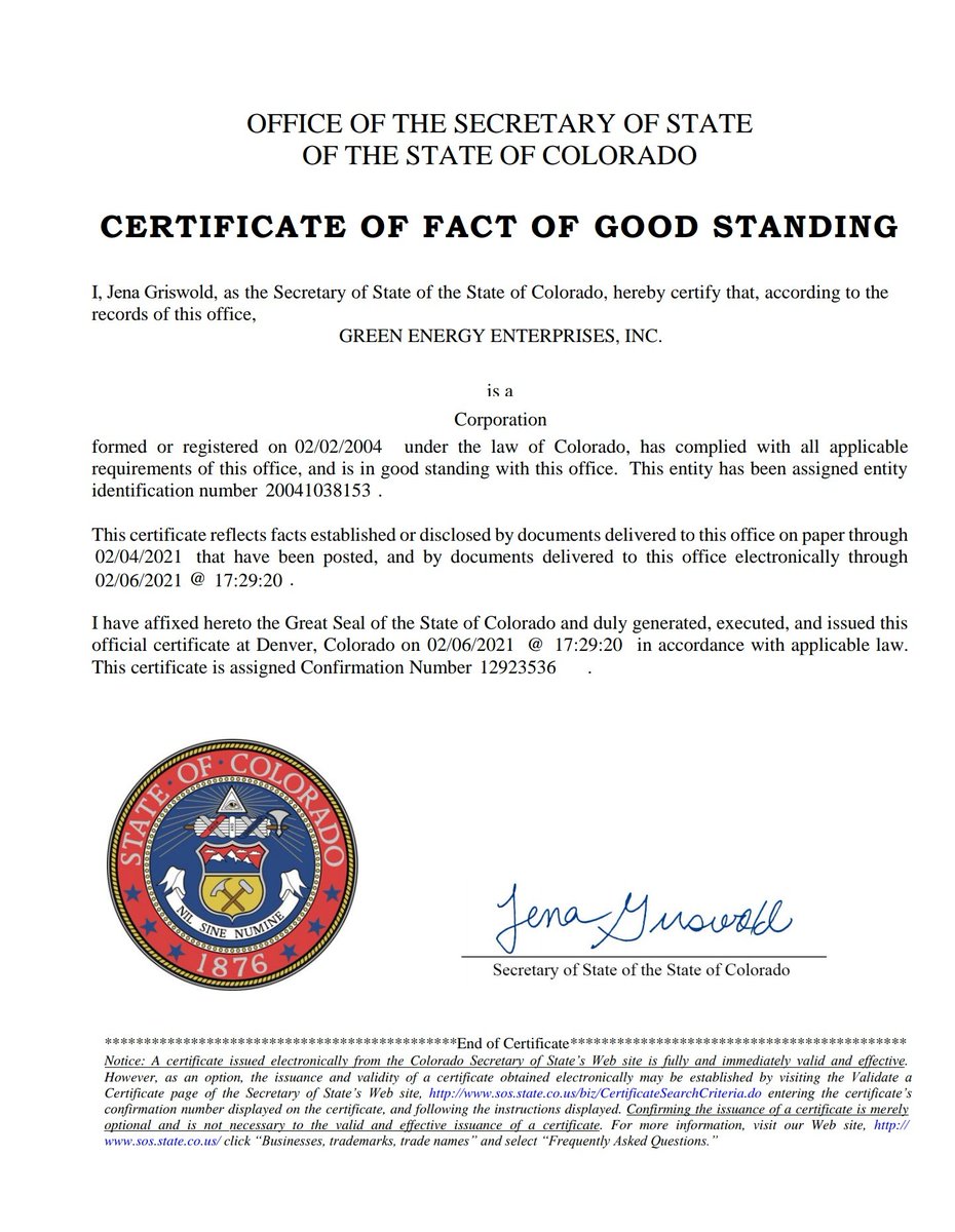"CERTIFICATE OF FACT OF GOOD STANDING" Delivered to the the office on paper through 02/04/2021  $GYOG  @nxtplse  @BMoeKnows  @SharkStocks  @MoneyisFoReal