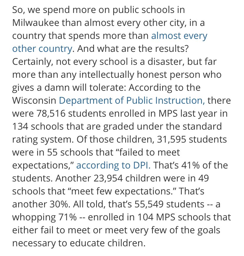 Home/private school kids also routinely perform better than their public school peers. Going back to 2015, 71% of MPS students were in a school that didn’t meet any, or few, educational goals.  https://www.badgerinstitute.org/Commentary/MPS-needs-an-overhaul-Milwaukee-kids-deserve-better.htmWhich should make everyone question where that money goes. 9/x