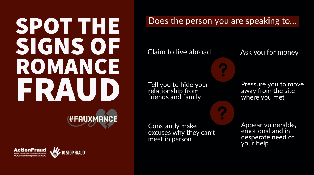 reportfrauduk's tweet image. Do you know how to spot the signs of #RomanceFraud? 

Does the person you’re speaking to online claim they live abroad or constantly make excuses why they can’t meet in person? They may not be who they say they are. #Fauxmance actionfraud.police.uk/fauxmance