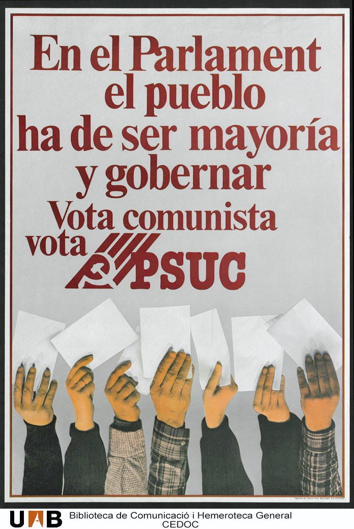 El PSUC té dos eixos reflectits en la seva cartelleria. Per una banda reivindica a Benet (nacionalista moderat convertit al psuquisme més aglutinador) com un president transversal, per l'altra, llenguatge de classe clàssic de partits comunistes de l'època.