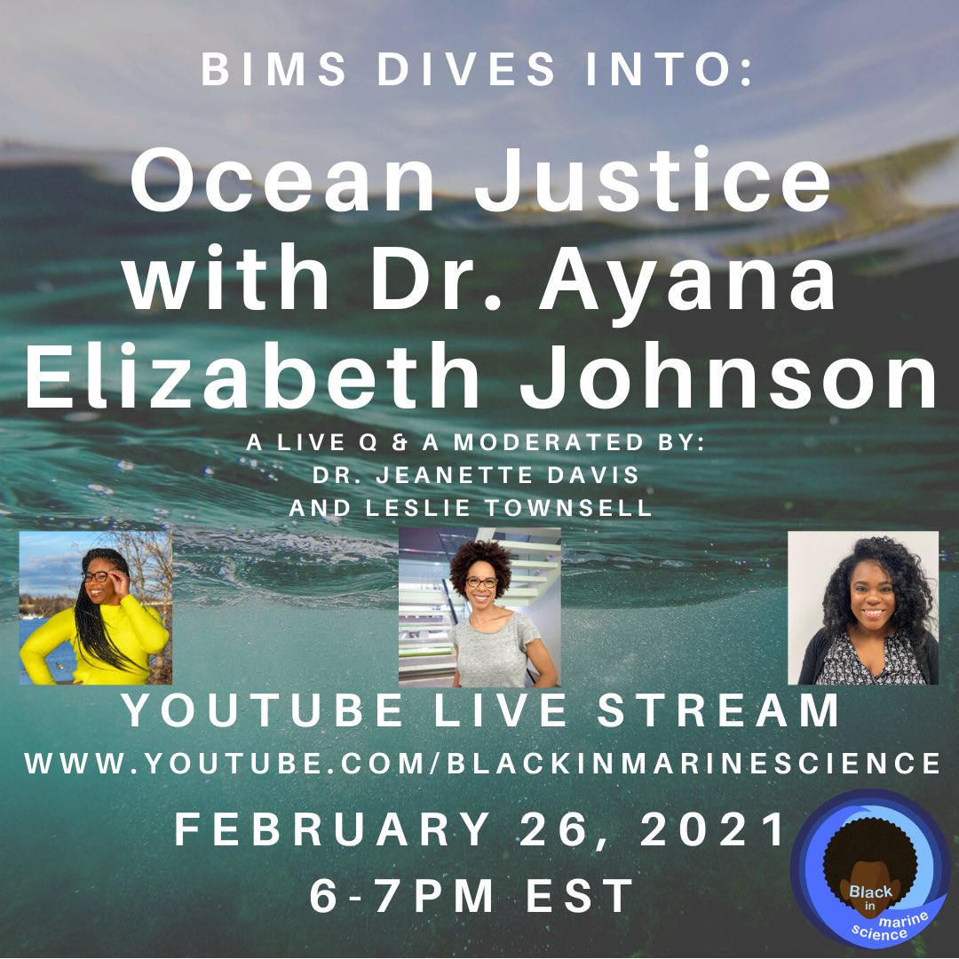 For the 1st BIMS Dives conversation @DrOcean24 and @MelanatedMarSci will be chatting with @ayanaeliza about Ocean Justice!! Make sure you tune in to our YouTube live stream on Feb 26 at 6pm EST/3pm PST 

#oceanjustice #climatechange #oceanpolicy #blackinmarinescience #bimsdives