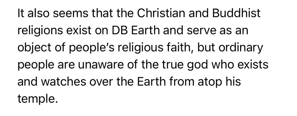 Herms98's tweet photo. Anyway, obviously this all raises any number of awkward questions about how/if Buddhism and Christianity are supposed to fit in with DB’s own elaborate pantheon of gods. Daizenshuu 7 bluntly states that people have these faiths but are unaware of “the true god”. Harsh. https://t.co/ABooqGpr82