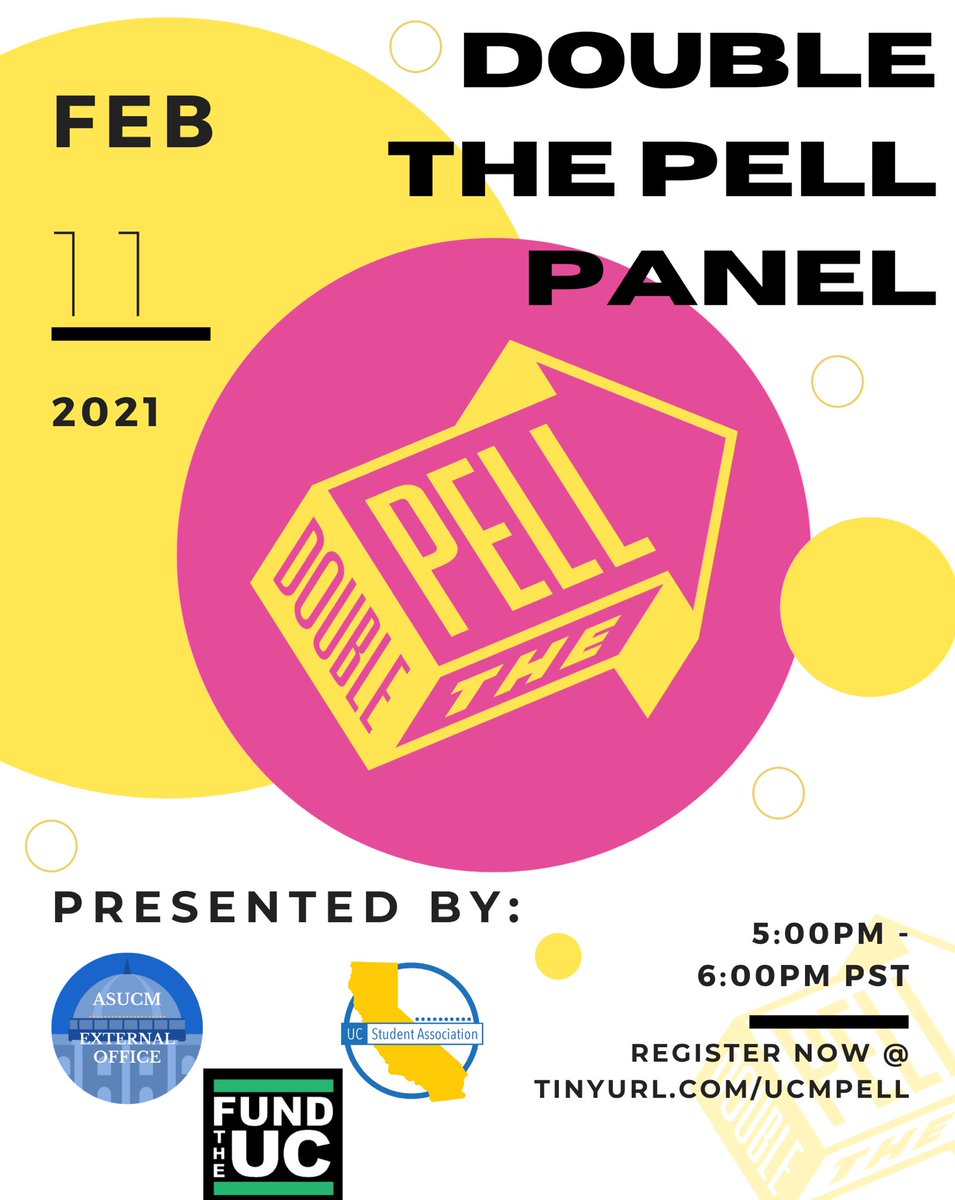 Hey everyone! ASUCM EXO and UCSA will be presenting their #DOUBLEPELL panel on Feb. 11th from 5pm to 6pm PST! Tune in to learn about why doubling the Pell Grant is beneficial to UCM students!! #NCAN #thankful4pell🚨 <a href="/_UCSA/">UC Student Association</a> <a href="/NCANetwork/">National College Attainment Network (NCAN)</a> 

tinyurl.com/ucmpell