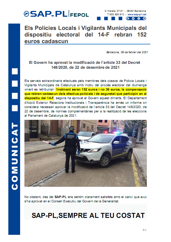 sap_pl's tweet photo. Els #PoliciesLocals i #VigilantsMunicipals del dispositiu del #14F rebran 152€ cadascun
El @govern ha aprovat la modificació de l'article 33 del Decret 148/2020. @sap_pl https://t.co/p7orf8OkD4